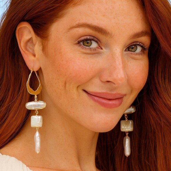 🆕️Gold Pearl Drop Earrings, Statement Dangle Earrings, Boho Chic Bridal Jewelry - Picture 14 of 14